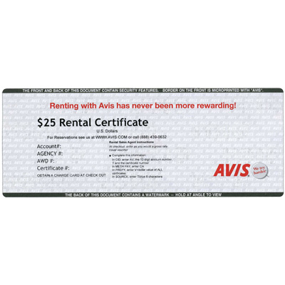 AVIS<sup>&reg;</sup> Rental $25 Gift Card - Use this card to book low rates online and reserve a rental car!
