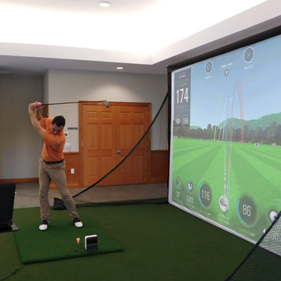 SKYTRAK™ Complete Home Golf Simulator Package - Create a home golf experience that you, your family and friends will enjoy, rain or shine. This package includes the driving range and motion view, 9x12 MicroBay™ screen system, 1080P golf simulator projector, and universal golf projector ceiling mount. SkyTrak™ connects to your computer. Turf mat measures 4x5.