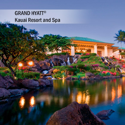 GRAND HYATT<sup>&reg;</sup> Kauai Resort and Spa - Enjoy 5 days and 4 nights accommodation at the GRAND HYATT<sup>&reg;</sup> Kauai Resort and Spa. Set along the white sands of Piopu, you will relax in your elegantly designed guest room. Create grand memories while you enjoy and explore 50 oceanfront acres of gardens, courtyards and pools .   Airfare not included.