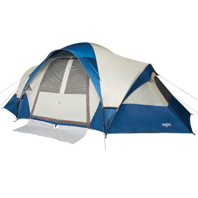 WENZEL<sup>&reg;</sup> Pinyon 10 Person Dome Tent - Enjoy camping with family and friends in this 10 person dome style tent.  Tent features back to back "D" style doors with inside zippered windows.  Shock corded fiberglass frame with pin and ring attachment for easy set up and removable divider curtain to create two separate rooms.  Includes removable seam-sealed fly, mud mat, e-port for electrical cord access, gear loft, 8 pockets for storage, fly hoop pole for awning over front door, and pre-attached guy ropes for added stability.  Base is 18&quot; x 10&quot; with peak heigh of 76&quot;.