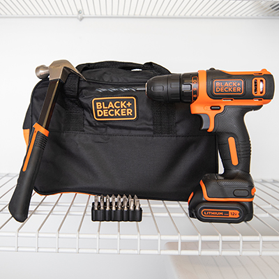 BLACK + DECKER<sup>&reg;</sup> 12V Max Lithium Project Kit - This compact 12V Max Lithium drill comes with 59 hand tools/ accessories as well as a convenient carrying case for storage and portability. Included Components: (1) 8V Max Lithium Ion Drill, (1) Tool Bag, (1) Claw Hammer, (1) Tape Measure, (1) Adjustable Wrench, (1) Slip Joint Pliers, (1) Ratcheting Screwdriver, (1) Utility Knife, (4) Nut Drivers, (32) Screw driving Bits, (1) Level, (1) Drilling Bits, and (1) Magnetic Bit Holder.